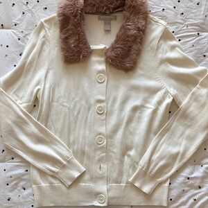 Banana Republic Cream Cardigan with Brown Faux Fur Collar